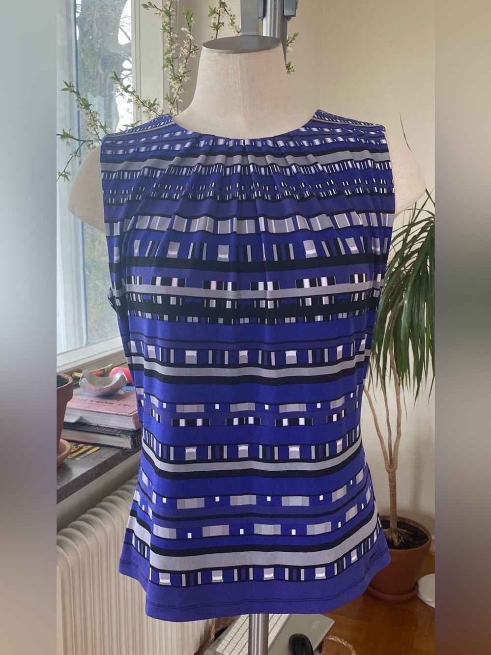 Calvin Klein Blue Black & White Striped Sleeveless Shell